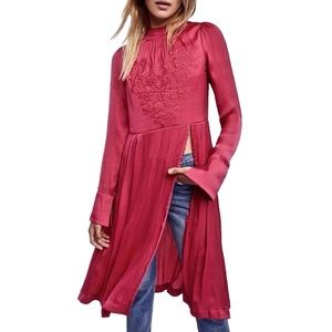 Free People New Day Embroidered Pink Tunic Blouse Top Midi Maxi Dress